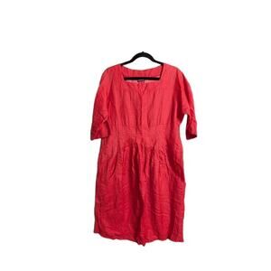 Klok Coral Square Neck Pleated Waist Pockets Linen Lagenlook Dress L